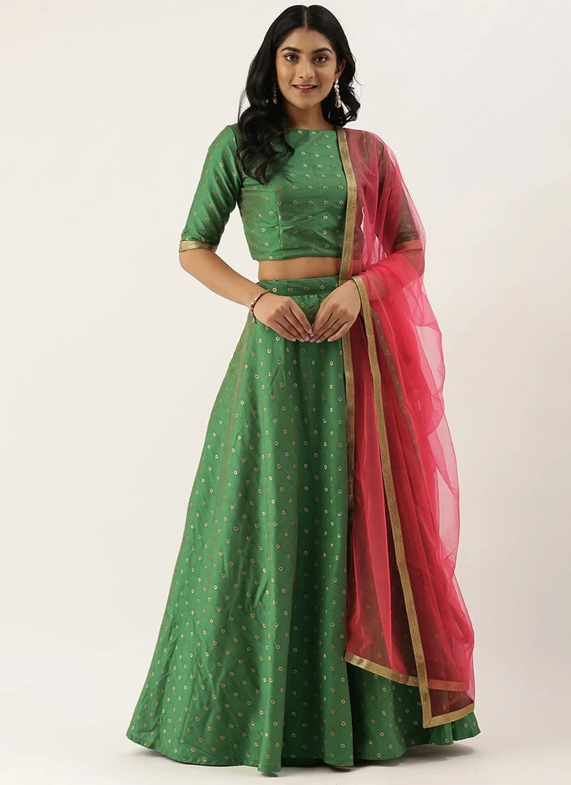 Green Jacquard Boat Neck Choli N Lehenga Set Festive Wear 3 Green Jacquard Boat Neck Choli N Lehenga Set Festive Wear - Image 3