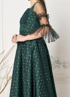 Green Jacquard Ruched Style Anarkali Suit Festive Wear