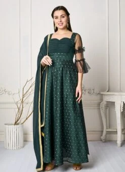 Green Jacquard Ruched Style Anarkali Suit Festive Wear -C Bazaar Shop Green Jacquard Ruched Style Anarkali Suit SLBS02301747 u