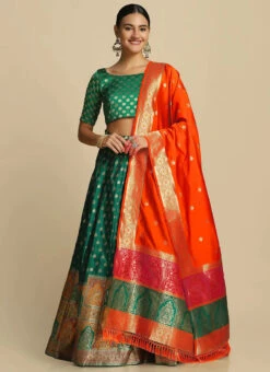 Green Jacquard Silk Weaving Work Umbrella Lehenga Party Wear -C Bazaar Shop Green Jacquard Silk Weaving Work Umbrella Lehenga GHSWE1010257G u