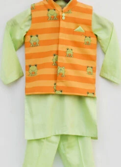 Pista Green Kurta Pant N Orange Stripe Jacket