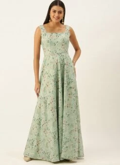 Green Muslin Digital Printed Strap Neck Dress After Six Wear -C Bazaar Shop Green Muslin Digital Printed Strap Neck Dress DRBS02201283 u