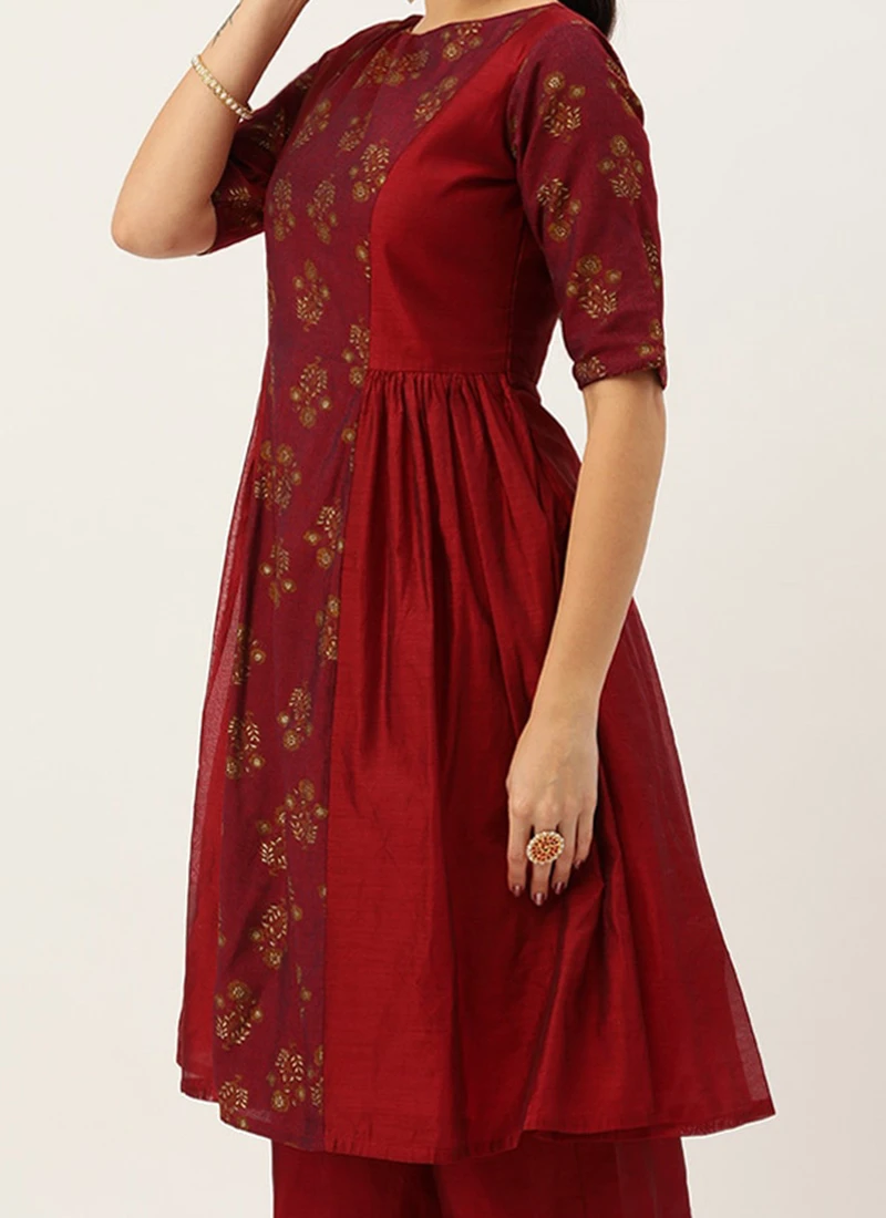Maroon Printed Panelled Kurta Festive Wear 1 Maroon Printed Panelled Kurta Festive Wear