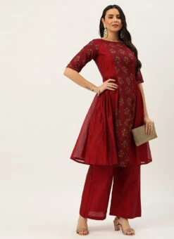 Maroon Printed Panelled Kurta Festive Wear 10 Maroon Printed Panelled Kurta Festive Wear -C Bazaar Shop Green Muslin Digital Printed Top KRBS02307716 u