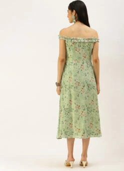 Green Muslin Off Shoulder Dress Festive Wear -C Bazaar Shop Green Muslin Off Shoulder Dress DRBS02208479 b