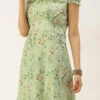 Green Muslin Off Shoulder Dress Festive Wear