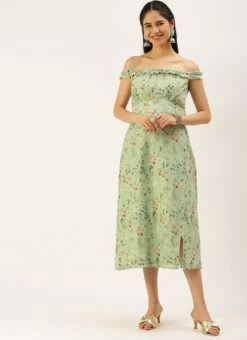 Green Muslin Off Shoulder Dress Festive Wear -C Bazaar Shop Green Muslin Off Shoulder Dress DRBS02208479 u