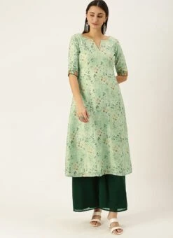 Green Muslin Printed Calf Length Kurta Set After Six Wear -C Bazaar Shop Green Muslin Printed Calf Length Kurta Set KSBS02108637 u