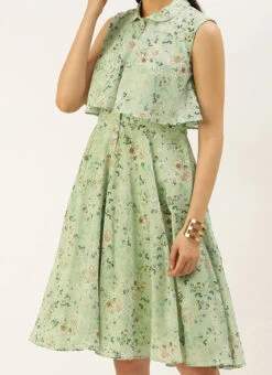 Green Muslin Printed Mini Dress Party Wear