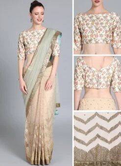 Green N Cream Embroiderd Half N Half Saree Wedding Wear -C Bazaar Shop Green N Cream Embroiderd Half N Half Saree SABS01911776 gl