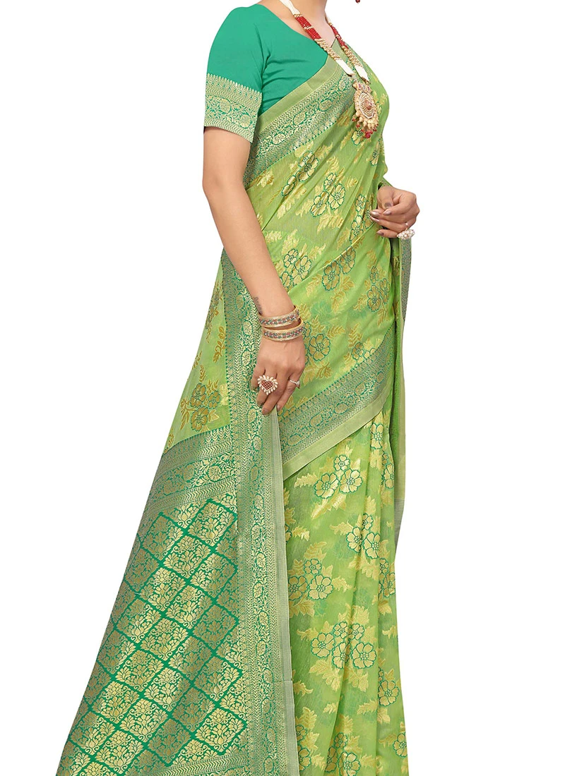 Green N Light Green Color Woven Work Cotton Saree Festive Wear 1 Green N Light Green Color Woven Work Cotton Saree Festive Wear