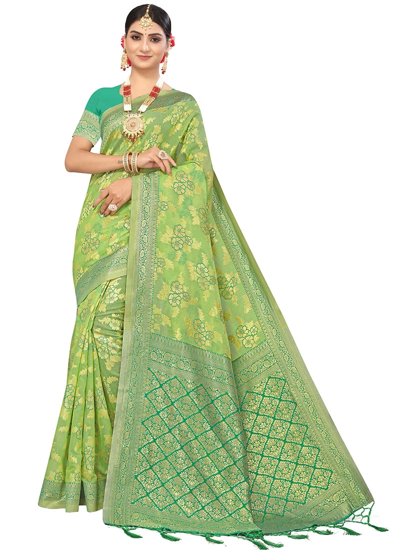 Green N Light Green Color Woven Work Cotton Saree Festive Wear 3 Green N Light Green Color Woven Work Cotton Saree Festive Wear - Image 3