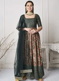 Green N Multicolored Chinon Salwar Set Wedding Wear -C Bazaar Shop Green N Multicolored Chinon Salwar Set SLBS02303928 u