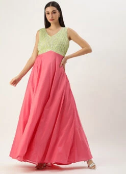 Green N Pink Cotton Sequins Embroidery Maxi Dress Festive Wear 10 Green N Pink Cotton Sequins Embroidery Maxi Dress Festive Wear -C Bazaar Shop Green N Pink Cotton Sequins Embroidery Maxi Dress DRBS02212595 u
