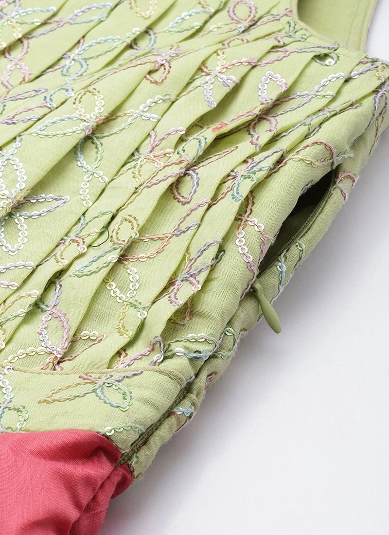 Green N Pink Cotton Sequins Embroidery Maxi Dress Festive Wear 7 Green N Pink Cotton Sequins Embroidery Maxi Dress Festive Wear - Image 7