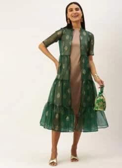 Green Organza Foil Printed Jacket Style Dress Festive Wear 10 Green Organza Foil Printed Jacket Style Dress Festive Wear -C Bazaar Shop Green Organza Foil Printed Jacket Style Dress DRBS02209702 u