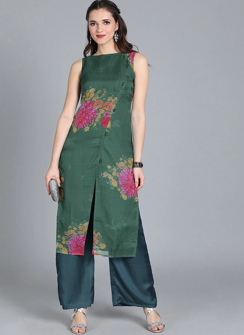 Green Organza Printed Kurta Work Wear 3 Green Organza Printed Kurta Work Wear - Image 3
