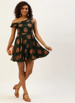 Green Printed One Shoulder Dress After Six Wear -C Bazaar Shop Green Printed One Shoulder Dress DRBS02205962 u