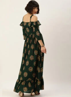 Green Rayon Printed Strap Neckline Dress After Six Wear 11 Green Rayon Printed Strap Neckline Dress After Six Wear -C Bazaar Shop Green Rayon Printed Strap Neckline Dress DRBS02204727 b