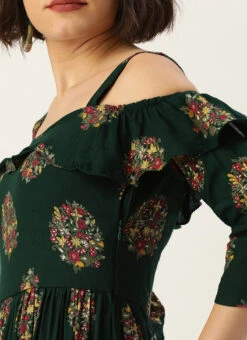 Green Rayon Printed Strap Neckline Dress After Six Wear 14 Green Rayon Printed Strap Neckline Dress After Six Wear -C Bazaar Shop Green Rayon Printed Strap Neckline Dress DRBS02204727 rrc3