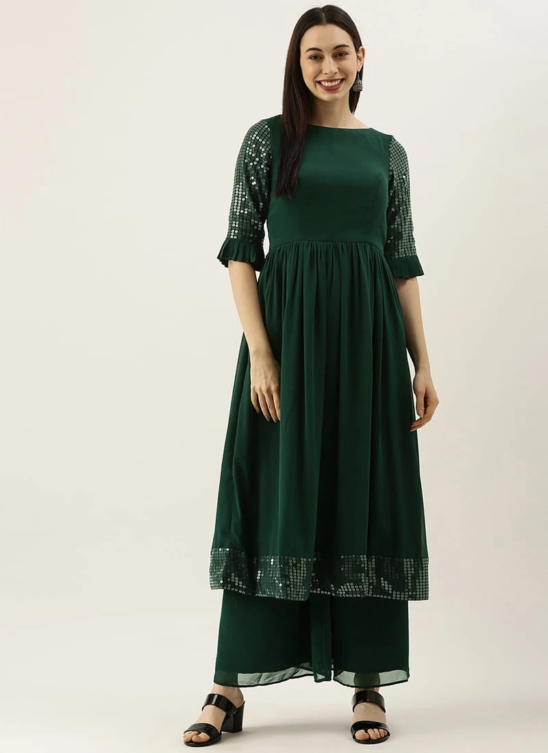 Green Sequin Embroidered Kurti Festive Wear 3 Green Sequin Embroidered Kurti Festive Wear - Image 3
