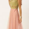 Green Sequins Embroidered N Peach Net Gown Festive Wear