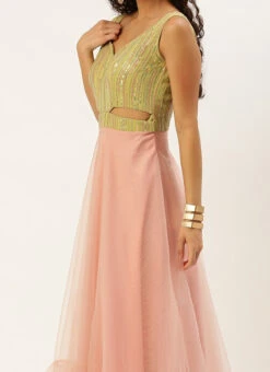 Green Sequins Embroidered N Peach Net Gown Festive Wear
