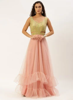Green Sequins Embroidered N Peach Net Gown Festive Wear -C Bazaar Shop Green Sequins Embroidered N Peach Net Gown IWBS02211073 u