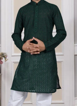 Green Silk Embroidered Kurta Pyjama Party Wear