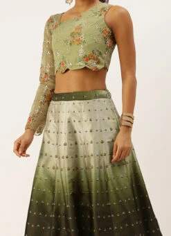 Green Taffeta Digital Print Kali Lehenga Set Wedding Wear
