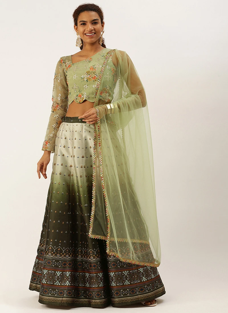 Green Taffeta Digital Print Kali Lehenga Set Wedding Wear 3 Green Taffeta Digital Print Kali Lehenga Set Wedding Wear - Image 3
