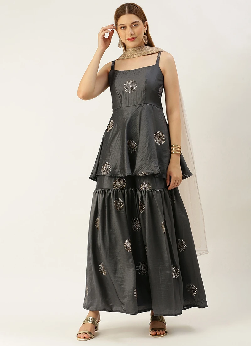 Dupatta From Grey Art Silk Foil Print Gharara Set After Six Wear 3 Dupatta From Grey Art Silk Foil Print Gharara Set After Six Wear - Image 3