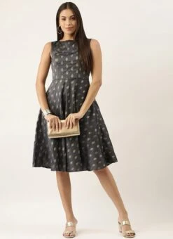 Grey Brocade Boat Neck Flared Dress Festive Wear -C Bazaar Shop Grey Brocade Boat Neck Flared Dress DRBS02201295 u