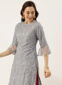 Grey Embroidered Boat Neck Kurti Party Wear -C Bazaar Shop Grey Embroidered Boat Neck Kurti KRBS02307675 b