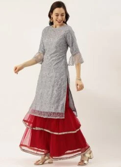 Grey Embroidered Boat Neck Kurti Party Wear -C Bazaar Shop Grey Embroidered Boat Neck Kurti KRBS02307675 u