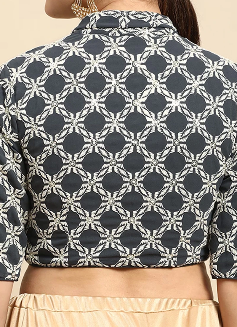 Grey Embroidered Collar Neck Blouse Festive Wear 6 Grey Embroidered Collar Neck Blouse Festive Wear - Image 6