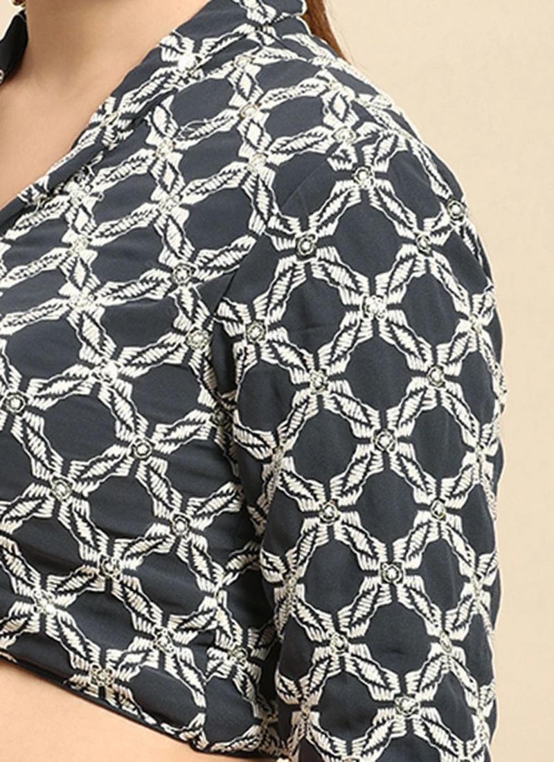 Grey Embroidered Collar Neck Blouse Festive Wear 7 Grey Embroidered Collar Neck Blouse Festive Wear - Image 7