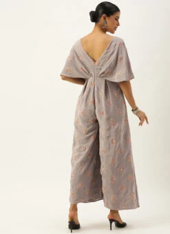 Grey Embroidered French Crepe Jumpsuit Festive Wear -C Bazaar Shop Grey Embroidered French Crepe Jumpsuit DRBS02302300 b