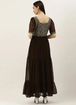 Grey Modal N Brown Geogette Gathers Dress Party Wear 9 Grey Modal N Brown Geogette Gathers Dress Party Wear -C Bazaar Shop Grey Modal N Brown Geogette Gathers Dress DRBS02105358 b