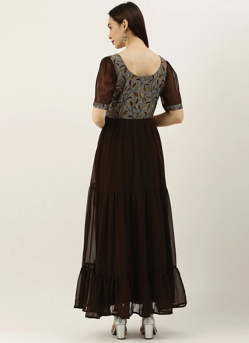 Grey Modal N Brown Geogette Gathers Dress Party Wear 4 Grey Modal N Brown Geogette Gathers Dress Party Wear - Image 4
