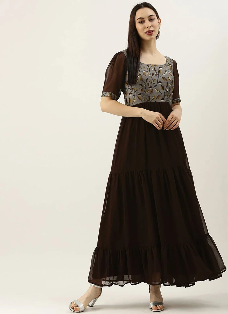 Grey Modal N Brown Geogette Gathers Dress Party Wear 3 Grey Modal N Brown Geogette Gathers Dress Party Wear - Image 3