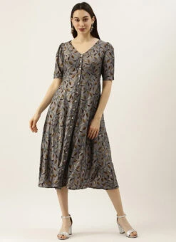 Grey Modal Silk Printed A Line Dress After Six Wear -C Bazaar Shop Grey Modal Silk Printed A Line Dress DRBS02105419 u