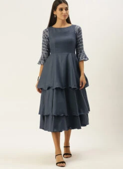 Grey N Black Muslin Calf Length Dress After Six Wear -C Bazaar Shop Grey N Black Muslin Calf Length Dress DRBS02106512 u