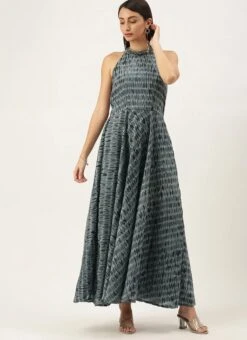 Grey N Black Muslin Halter Neck Gown Party Wear -C Bazaar Shop Grey N Black Muslin Halter Neck Gown IWBS02106505 u
