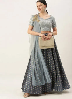 Grey Embroidered Floor Length Lehenga Set Wedding Wear 10 Grey Embroidered Floor Length Lehenga Set Wedding Wear -C Bazaar Shop Grey N Green Embroidered Floor Length Lehenga Set GHBS02108631 u