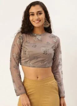 Grey Net Embroidered Blouse Festive Wear -C Bazaar Shop Grey Net Embroidered Blouse BLBS02305199 u