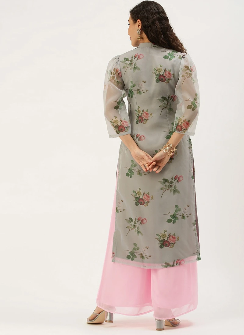 Grey Organza N Pink Kurta Palazzo Set After Six Wear 4 Grey Organza N Pink Kurta Palazzo Set After Six Wear - Image 4