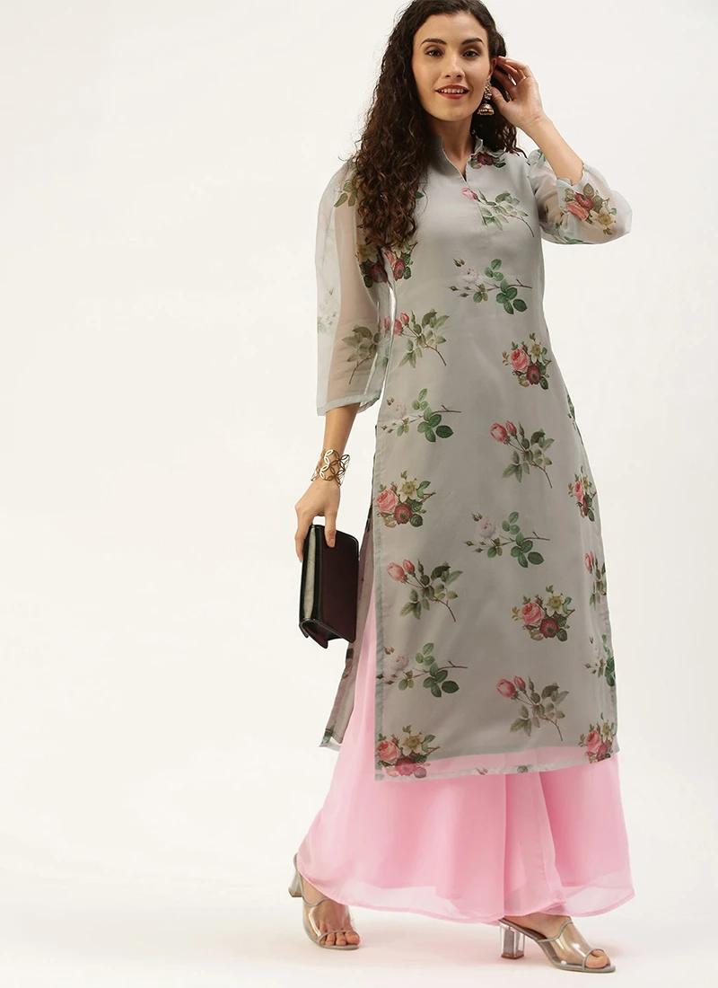 Grey Organza N Pink Kurta Palazzo Set After Six Wear 3 Grey Organza N Pink Kurta Palazzo Set After Six Wear - Image 3
