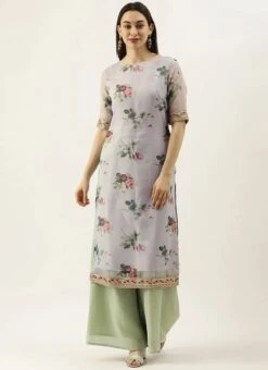 Grey Printed Organza Calf Length Kurta Set After Six Wear -C Bazaar Shop Grey Printed Organza Calf Length Kurta Set KSBS02104250 u
