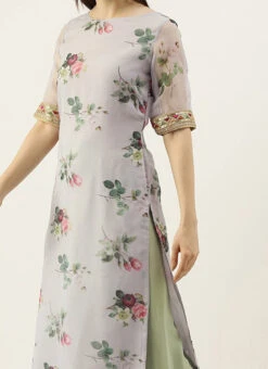 Grey Printed Organza Calf Length Top Festive Wear